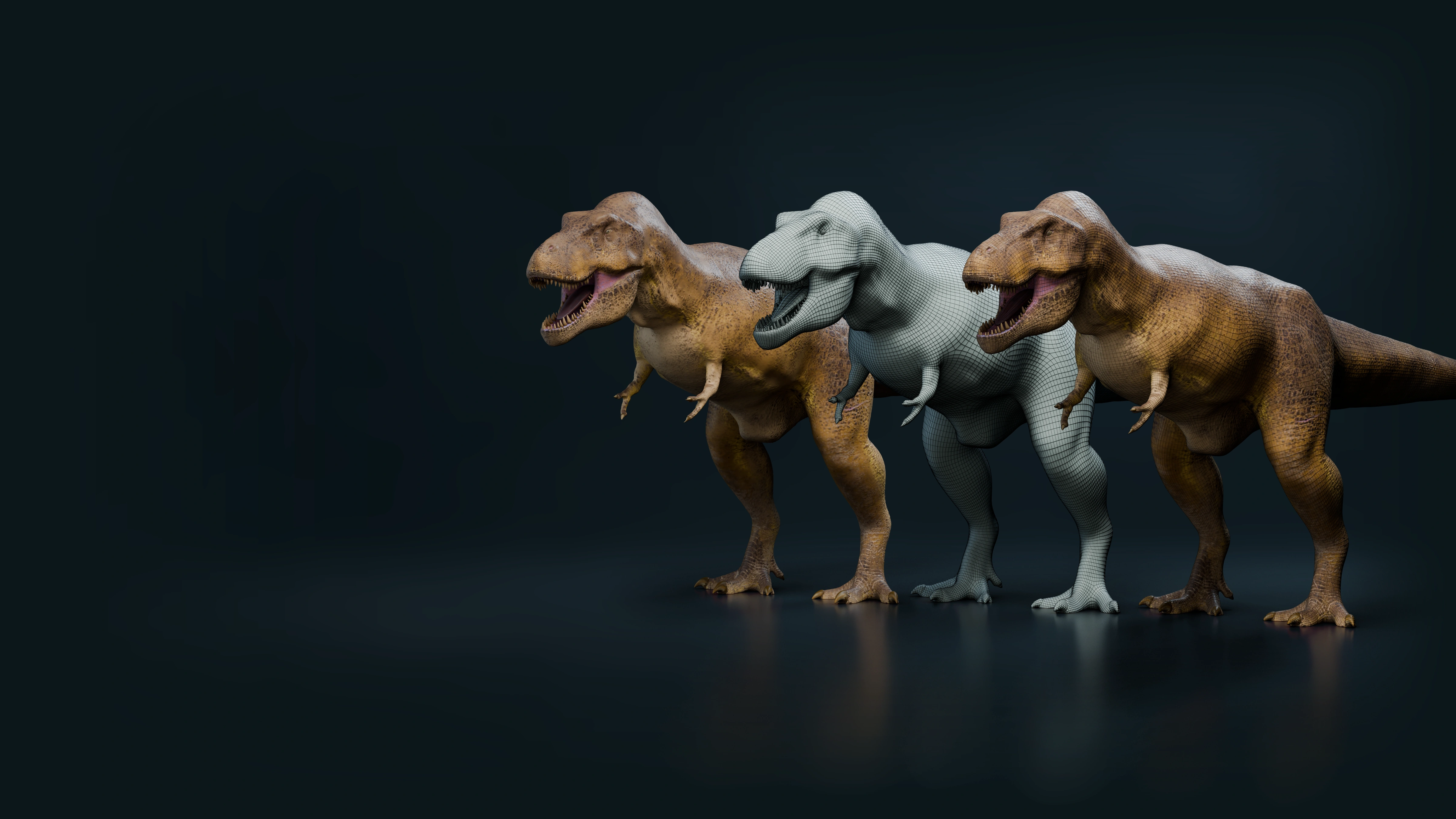 Three real T. rex models together in a dark studio: the original high-resolution sculpt with its saved polypaint, its actual retopology edges, and its baked textures